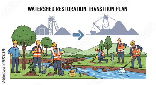 Watershed restoration plan shows transition from industrial mining to nature isolated on white background
