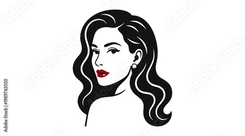Elegant graphic illustration of a woman with dark wavy hair, red lips, and an earring, looking over her shoulder.
