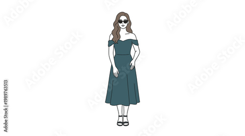 A stylized illustration of a woman wearing an off-the-shoulder teal midi dress and sunglasses.