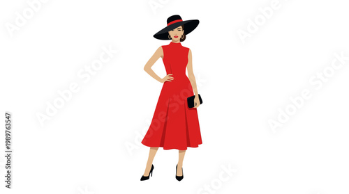 Elegant illustration of a woman in a vibrant red dress and a stylish black hat, holding a clutch bag, standing gracefully on a white background.