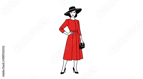 Elegant woman in a red dress and black hat holding a clutch bag, standing gracefully.