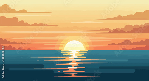 Vibrant Sunset Over Calm Ocean, Reflecting Sunrays on Water, Flat Design