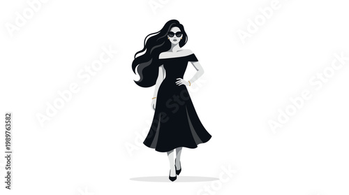 Elegant illustration of a stylish woman in a black off-the-shoulder dress and sunglasses, walking confidently with flowing hair.