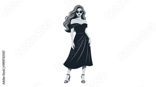 Stylish woman in an off-the-shoulder black dress and sunglasses, fashion illustration.