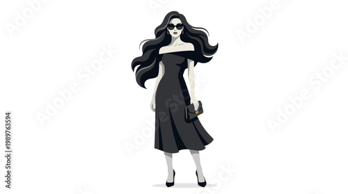 Elegant vector illustration of a stylish woman with long dark hair wearing a black off-the-shoulder dress, sunglasses, and holding a clutch bag.