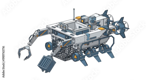 Futuristic underwater robot with manipulator arm and gripper illustration isolated on white background