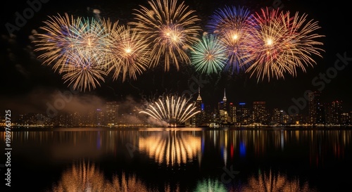 New Year's Eve Fireworks Over City Skyline Reflected in Water