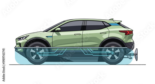 Electric car with visible battery and charging system illustration isolated on white background