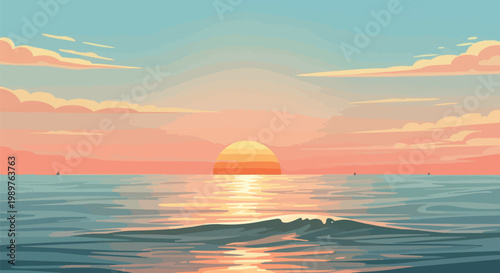 Pixel Art Sunset Over Calm Ocean Waves with Distant Sailboats