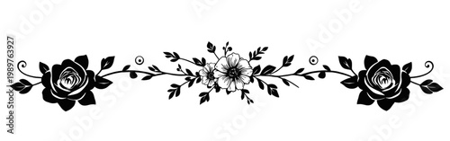 floral divider silhouette with roses and mixed flowers leaves decorative botanical border black vector illustration isolated on white background