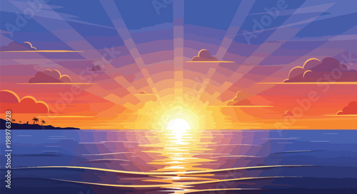 Vibrant Pixel Art Sunset Over Ocean with Rays and Clouds