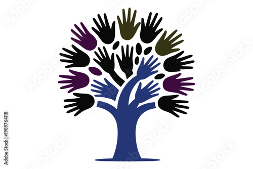 Tree of life made of colorful hands reaching up on transparent background symbolizing growth family diversity and community support