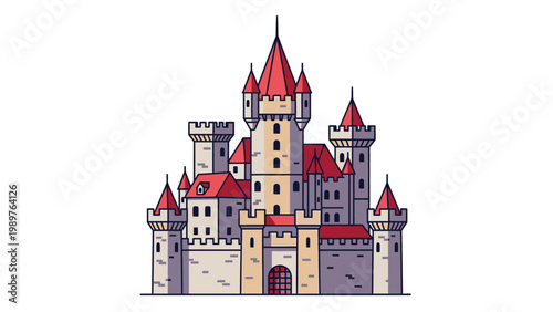 Fairytale Castle Illustration: Medieval Fortress with Red Roofs and Towers