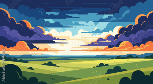 Vibrant Pixel Art Landscape: Dramatic Sky Over Green Fields