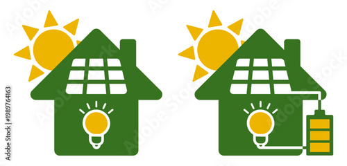 太陽光発電と蓄電池の住宅アイコン ソーラーパネルとバッテリーのエネルギーデザイン素材 Solar Power House with Battery Storage Icon Renewable Energy Home Design
