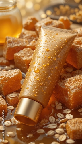 Golden skincare tube infused with natural honey and oat extracts, promising deep hydration and a soothing, radiant complexion