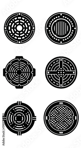 Set of Six Circular Manhole Cover Designs, Black and White Icons
