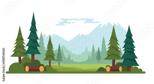 Flat design forest landscape with pine trees, mountains, and logs