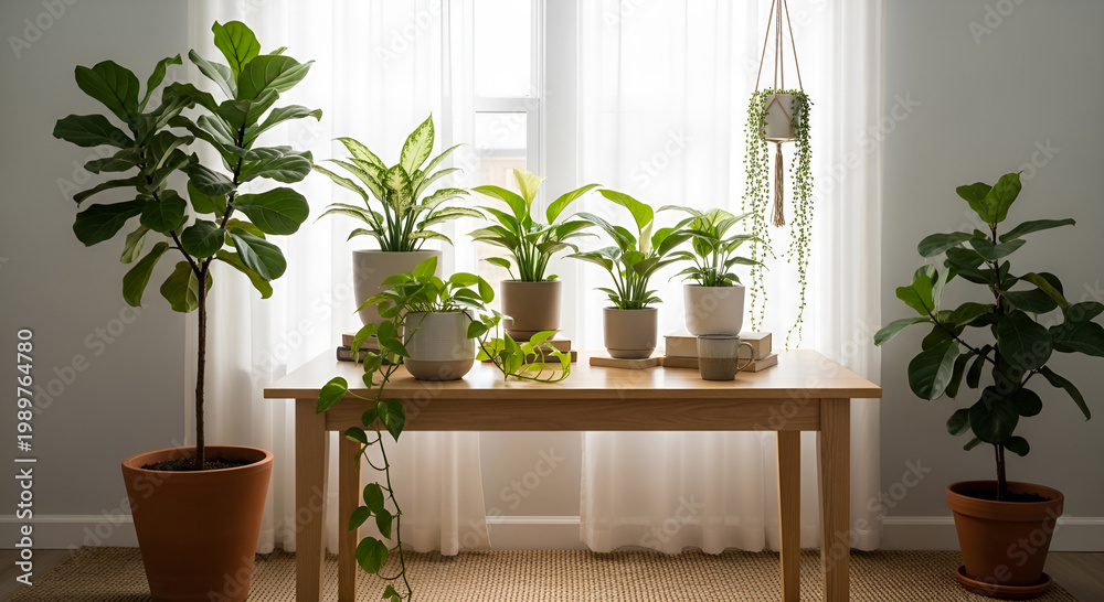 Fototapeta premium Variety of green indoor houseplants in different ceramic pots arranged on a wooden shelf against a white wall