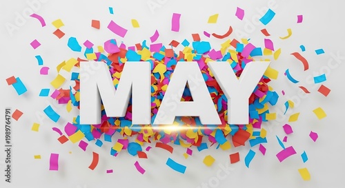 Colorful confetti explosion with MAY text