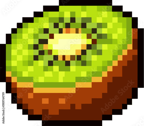 A pixelated representation of a sliced kiwi fruit, showcasing its vibrant green flesh and black seeds in a stylized digital art form