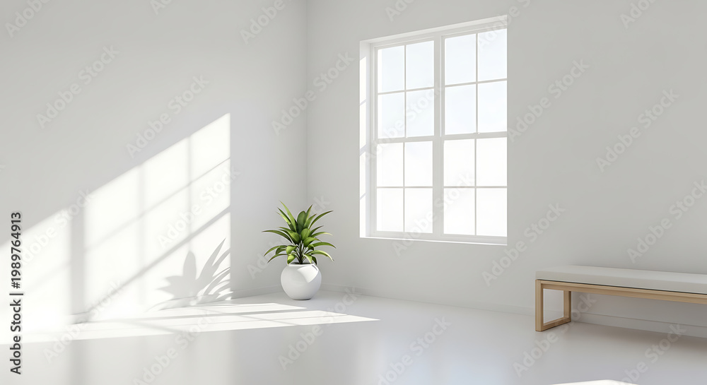 Fototapeta premium A modern empty apartment room features a new parquet floor and white walls with an open door and a window allowing natural light into the spacious interior living area
