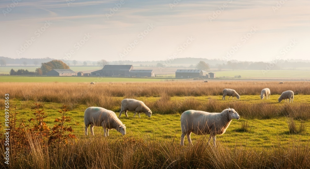 Fototapeta premium Sheep grazing in a tranquil pastoral landscape