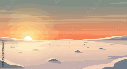 Pixel Art Sunset Over Snowy Landscape with Soft Clouds
