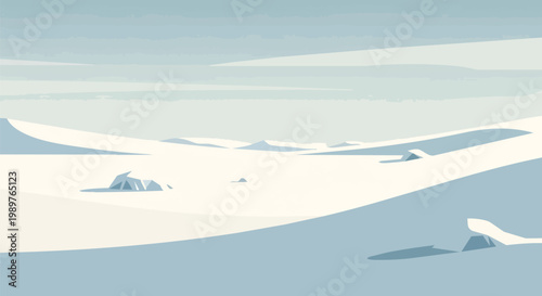 Minimalist arctic landscape with snow dunes and ice formations under pale sky