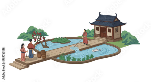Traditional Chinese garden with family and fisherman illustration isolated on white background