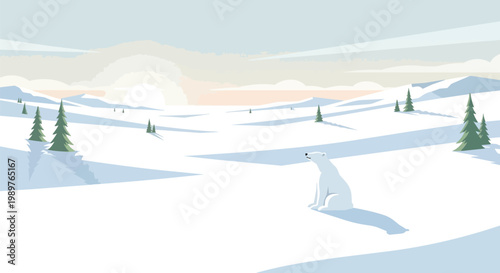 Polar bear in snowy arctic landscape at sunrise, minimalist illustration