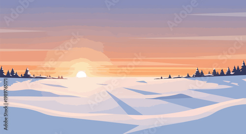 Pixel Art Winter Sunset Over Snowy Landscape with Silhouette Trees