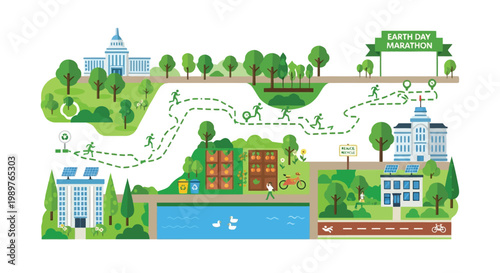 Earth Day Marathon route map illustration with eco-friendly elements isolated on white background