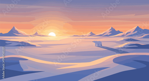 Pixel Art Polar Bear Walking in Arctic Landscape at Sunset