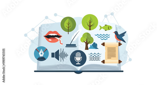 Storytelling concept illustration with open book and multimedia icons isolated on white background