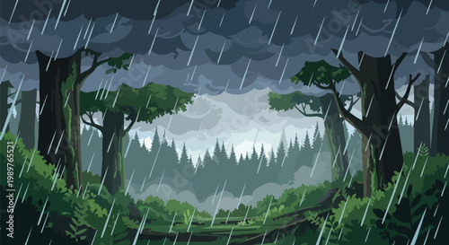 Pixel art forest scene with heavy rain and stormy clouds