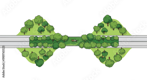 Wildlife corridor illustration connecting divided habitats over highway isolated on white background