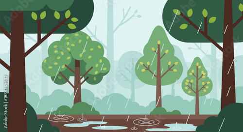 Rainy Forest Scene with Puddles and Falling Raindrops - Flat Design