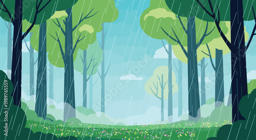 Rainy Forest Landscape with Lush Greenery and Gentle Downpour