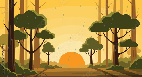 Rainy Forest Sunset Background