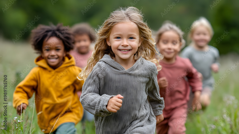 Fototapeta premium Kids run on green grass during a sunny day in the park, enjoying time together and playing happily