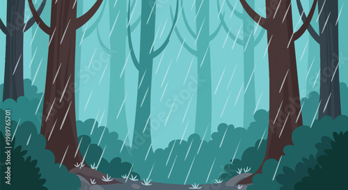 Rainy Forest Scene with Trees and Falling Raindrops