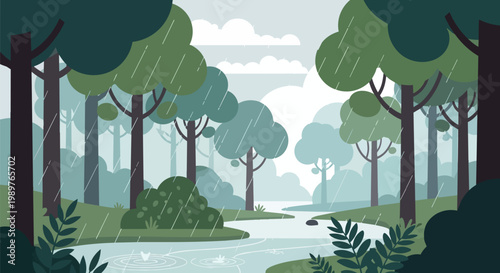 Misty Forest River Scene with Rain and Lush Greenery