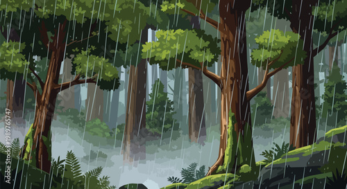 Pixel Art Forest with Falling Rain and Mist