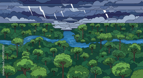 Stormy Sky Over Lush Green Forest and Winding River, Nature Landscape Illustration