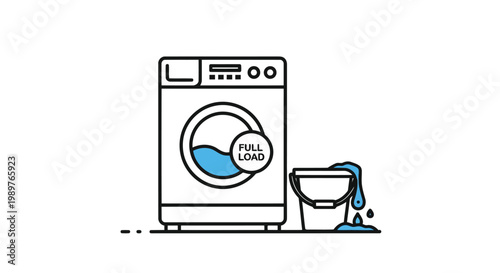 Washing machine with full load icon and overflowing bucket illustration isolated on white background