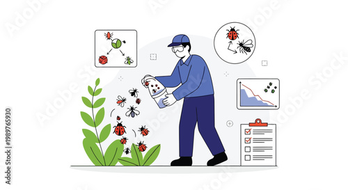 Entomologist studying insect behavior and population growth with charts isolated on white background