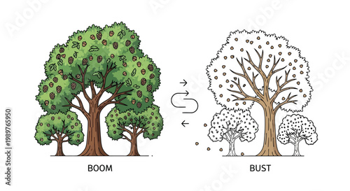 Healthy fruit tree boom versus barren tree bust comparison illustration isolated on white background
