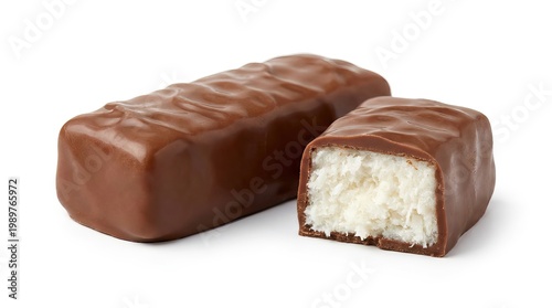 Chocolate bar candy, milk chocolate coated coconut filling, sweet dessert snack for confectionery packaging and ads isolated PNG with Transparent Background