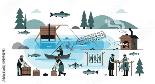 Traditional fishing village scene with smoking chimney and drying fish isolated on white background